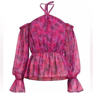 French Connection Arla Hallie Crinkle Blouse- Pink Floral Halter Long Sleeve Top